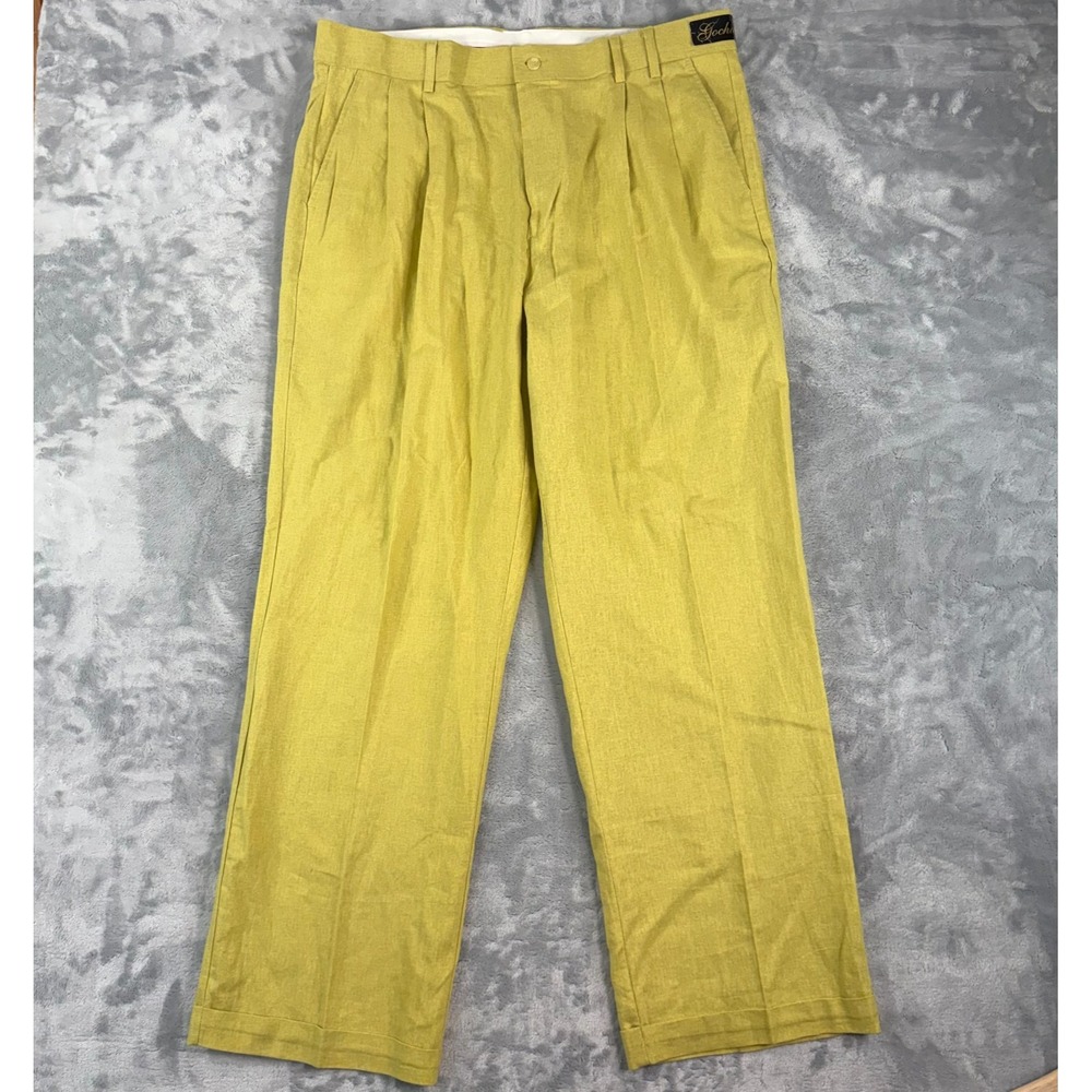 Vintage Gochu Dress Pants Mens 40x33 Mustard Yellow Linen Blend Pleated Pant NEW